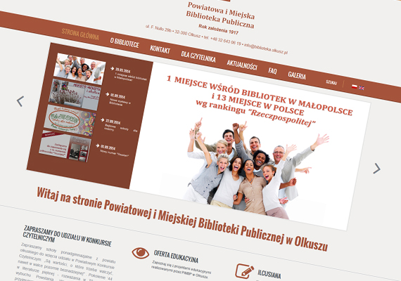 Serwis internetowy stworzony na zlecenie Powiatowej i MIejskiej Biblioteki Publicznej w Olkuszu.